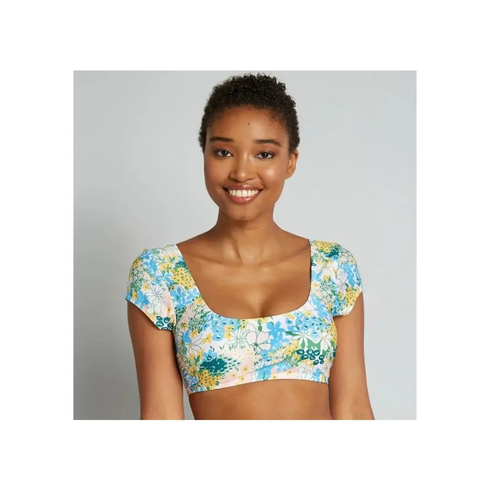 ModCloth The Amari Crop Bikini Top Retro Pin-up Floral Blue Yellow 2X NWOT